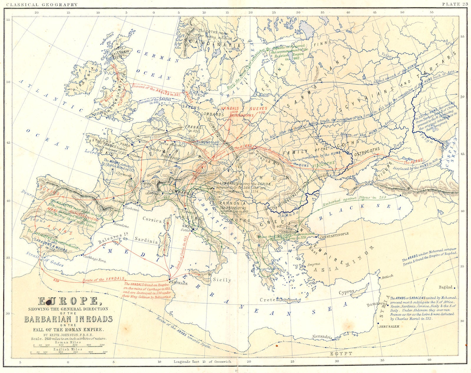EUROPE. Barbarian Inroads, fall of Roman Empire 1880 old antique map chart